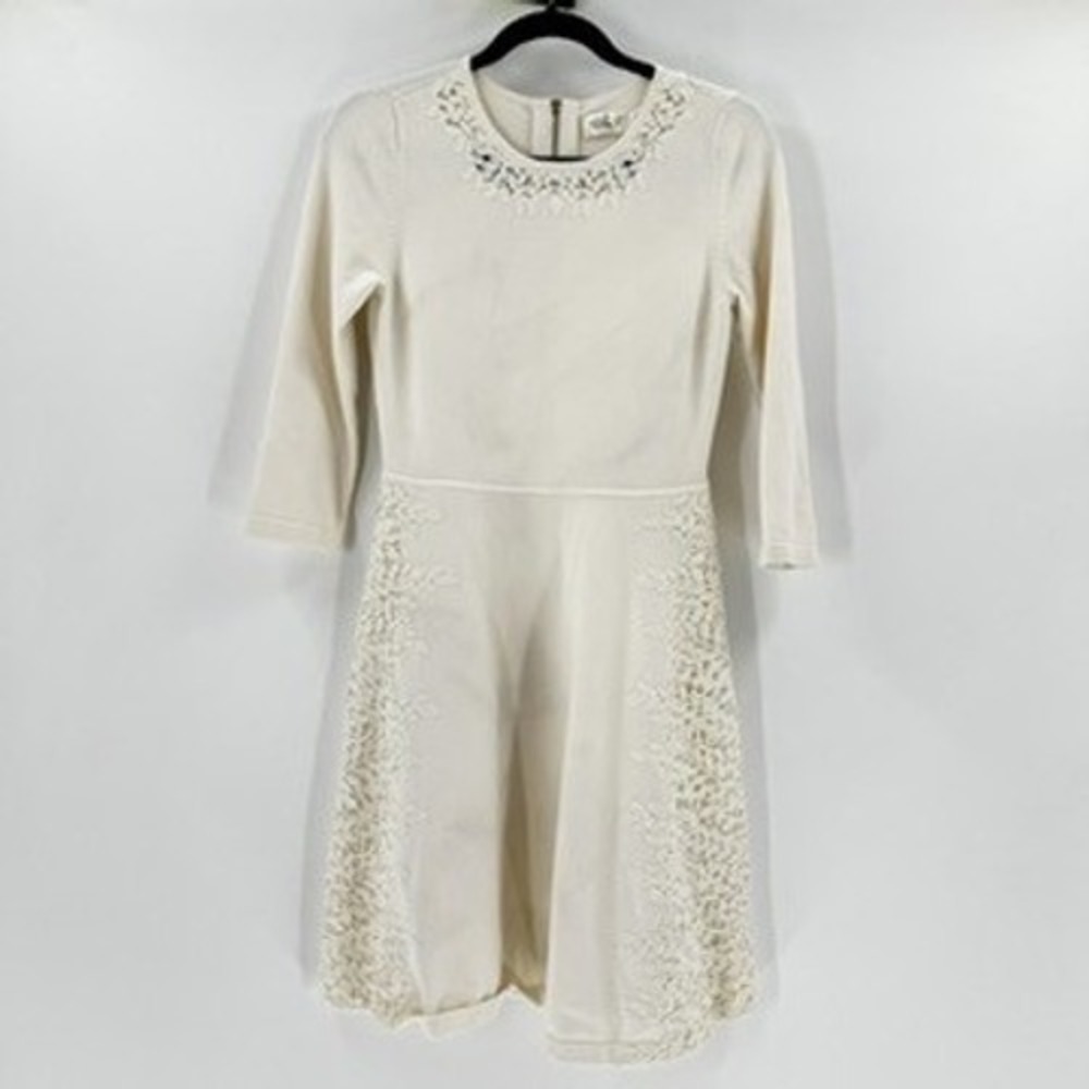 Eliza J Ivory Cream Knit Dress Crochet Lace Detail 3/4‎ Sleeve Elegant